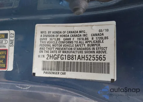 2010 Honda Civic Ex z USA, uszkodzony, nr VIN 2HGFG1B81AH525565